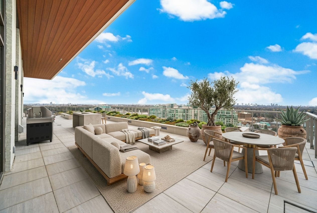 Main terrace balcony with skyline views – Penthouse UPH1, 399 Royal Orchard Blvd