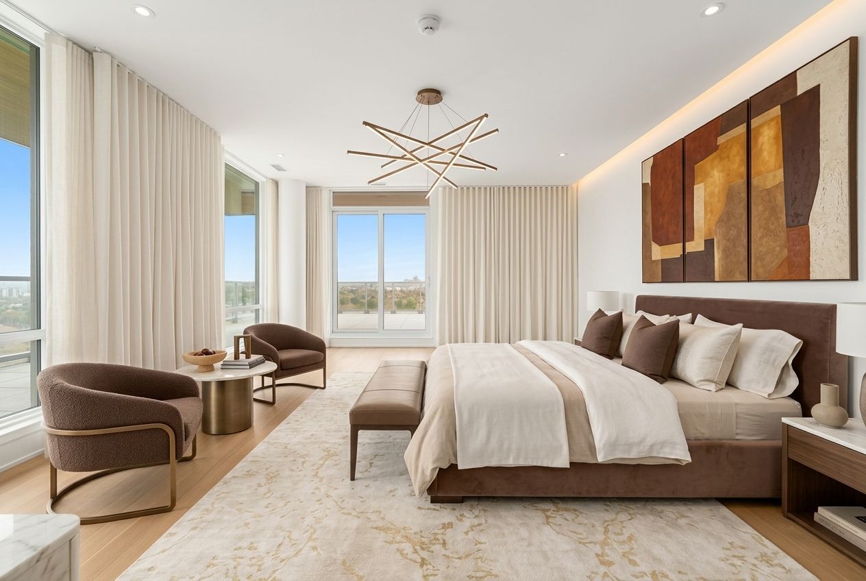 Virtually staged primary bedroom – Penthouse UPH1, 399 Royal Orchard Blvd